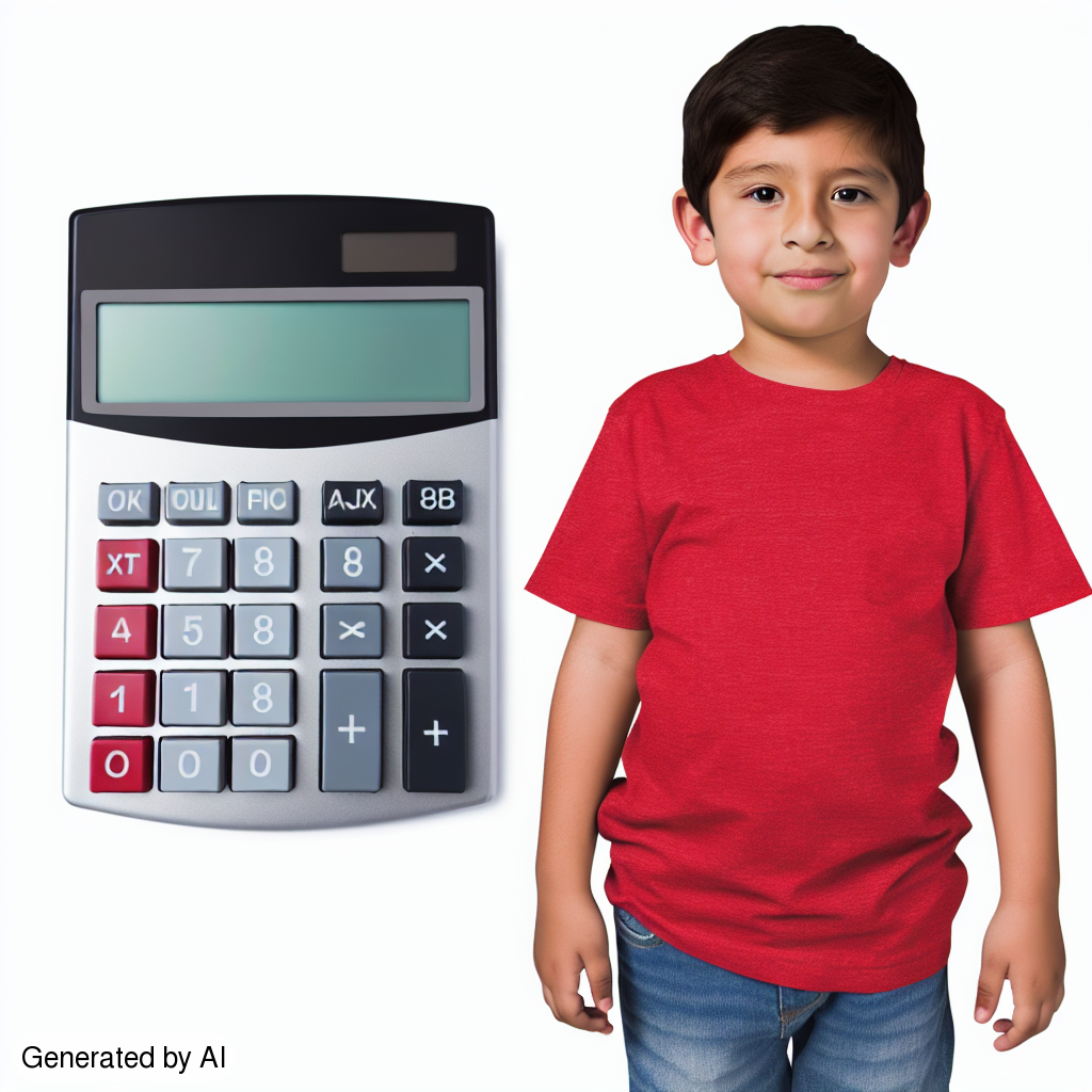 Create a detailed image of a Hispanic young boy standing while displaying a subtle smile. He is dressed in a casual outfit wearing a red t-shirt and blue denim jeans. He holds a realistic calculator with a visible screen and buttons in his right hand. The image is vibrant and well-detailed, showing the boy and calculator in clear focus, with the attire and facial expression adding a personal touch. - Generated by AI